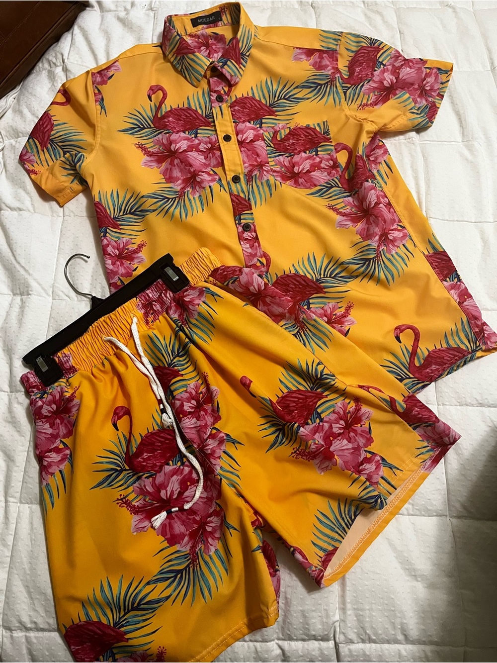Men's Yellow Floral Flamingo Swim Shirt & Shorts Set